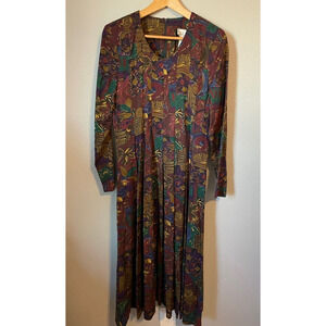 Vintage Leslie Lucks Womens Dress Size 4 Maroon Abstract Pleated Artsy Boho 90s